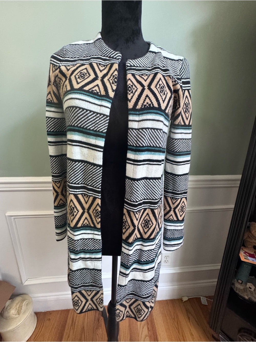 Cato Open-Front Geometric Cardigan - Cream, Black & Teal